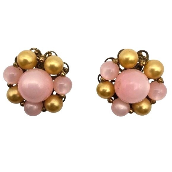 Vtg Beaded Cluster Clip On Earrings Pink Gold Tone Floral Filigree Pastel Glass